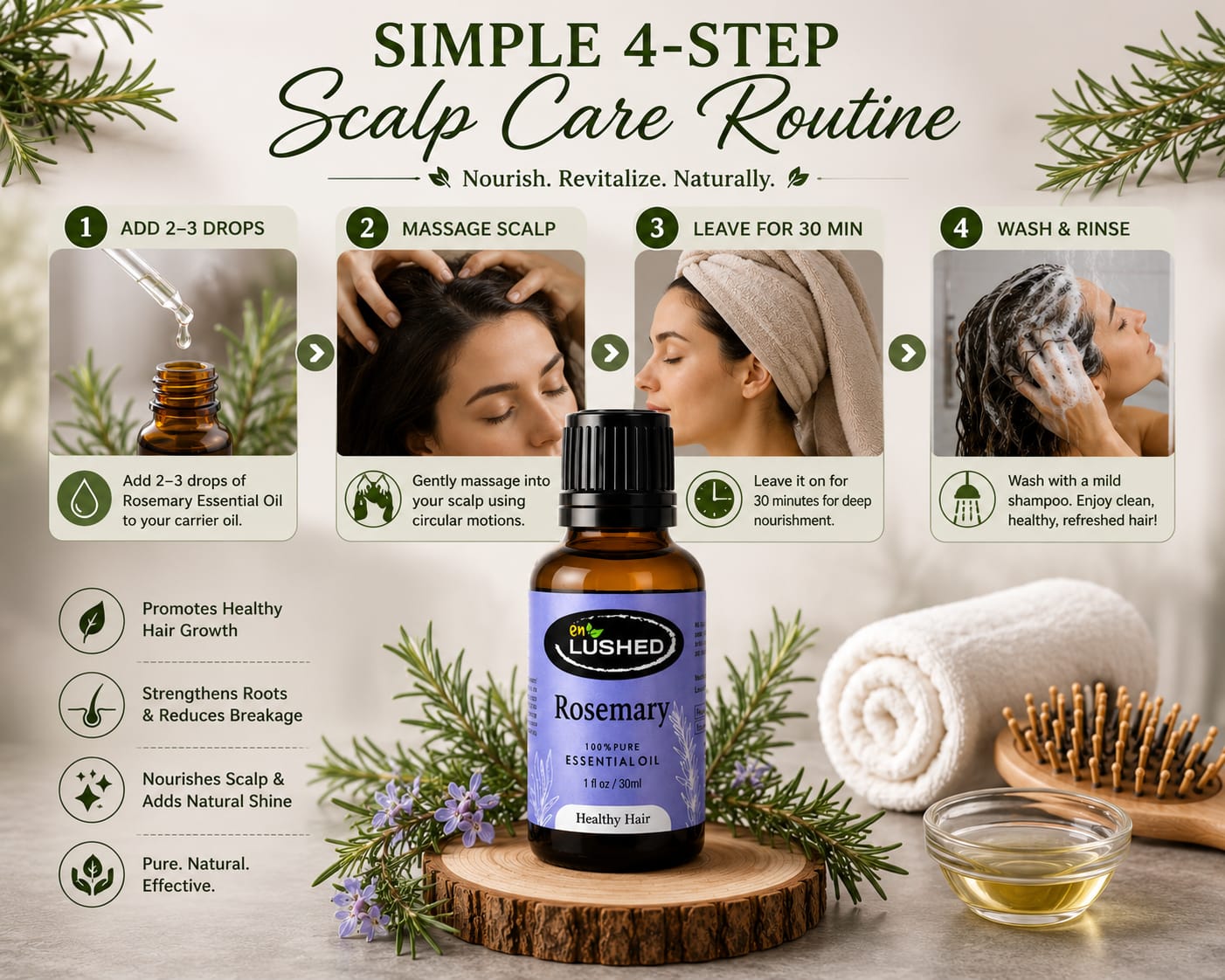 Rosemary oil for scalp circulation - simple 4-step scalp care routine