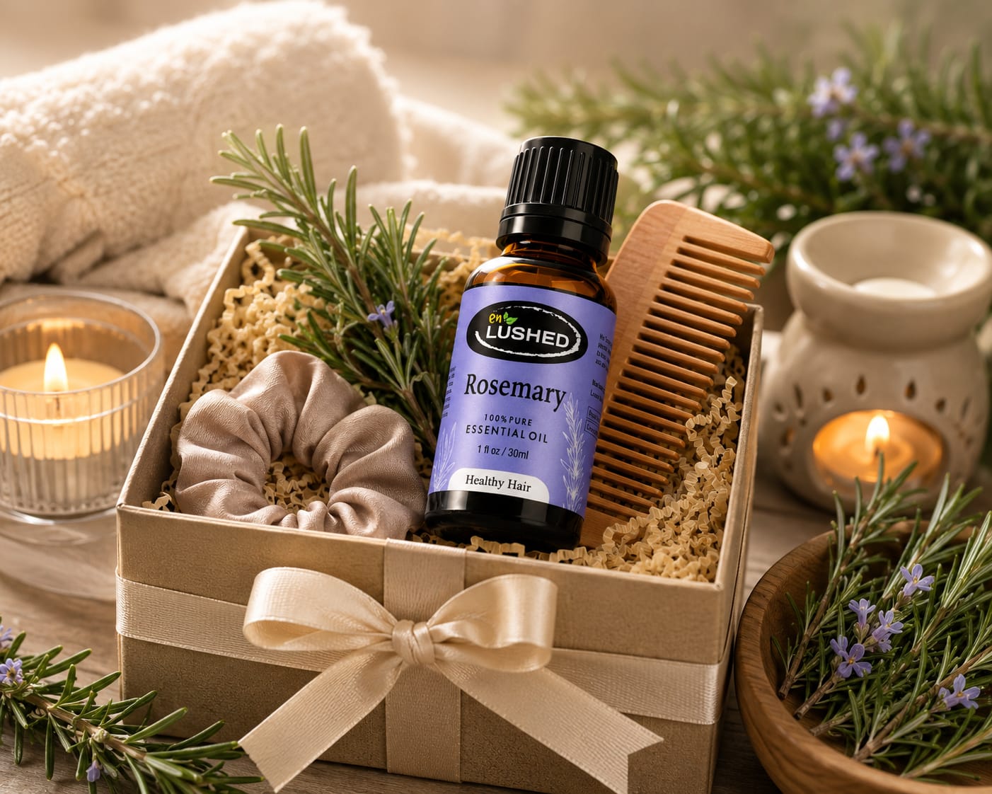 Pure Rosemary Essential Oil for scalp massage in spa-style setting