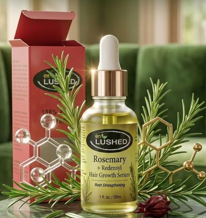 Rosemary + Redensyl Hair Growth Serum bottle with gift box and fresh rosemary sprigs