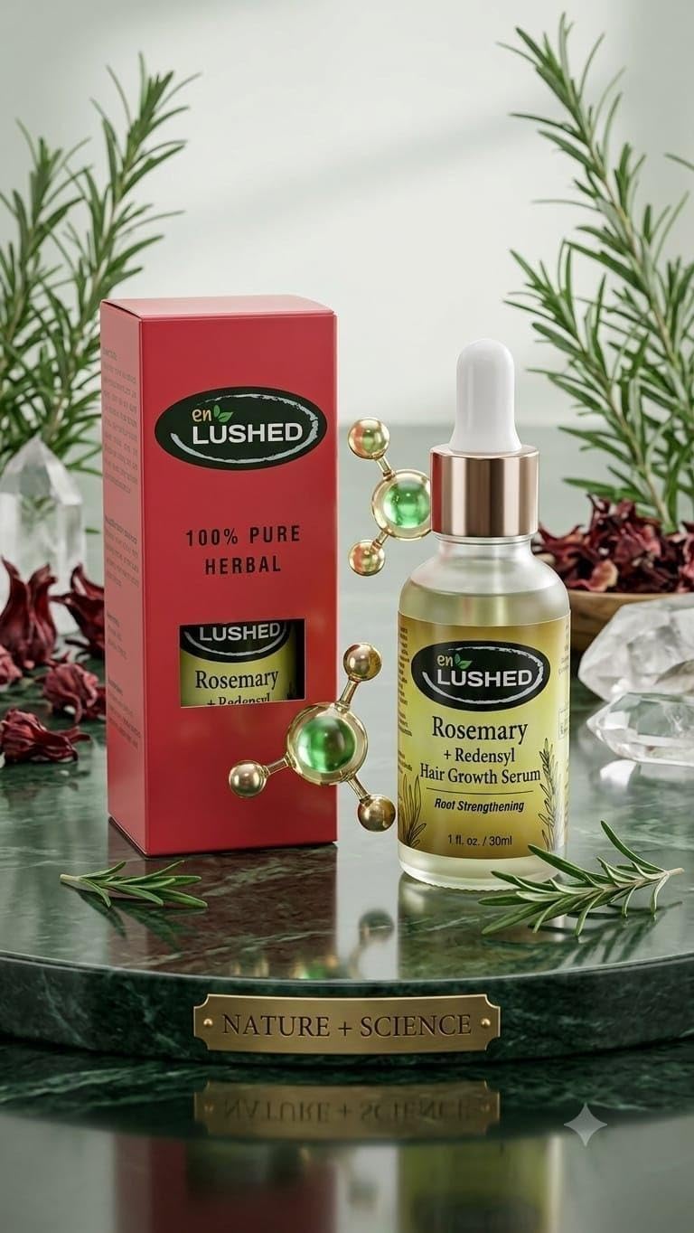 Rosemary + Redensyl Hair Growth Serum retail box with rosemary sprigs and red berries