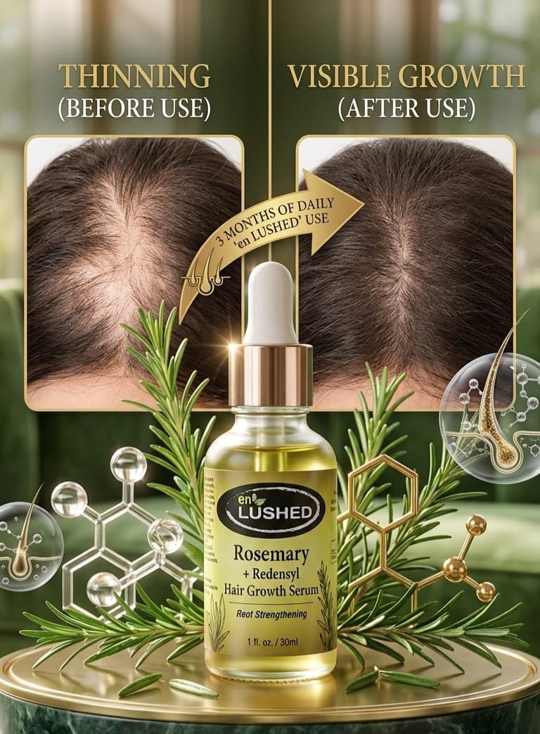 Rosemary + Redensyl Hair Growth Serum before and after results – visible growth after thinning