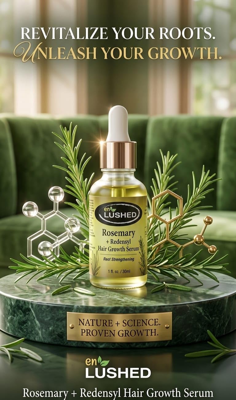 Rosemary + Redensyl Hair Growth Serum bottle displayed on marble tray with rosemary