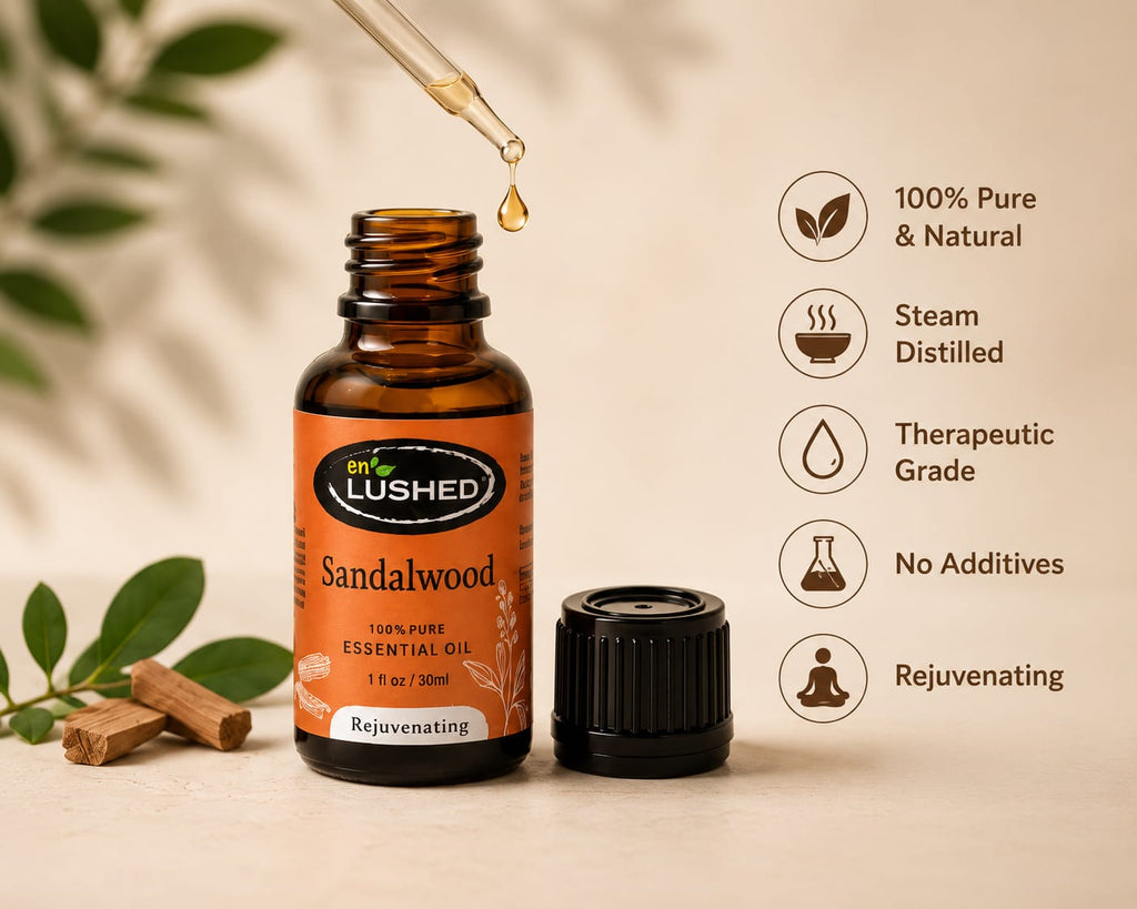 Pure sandalwood oil for dry and sensitive skin with green leaves