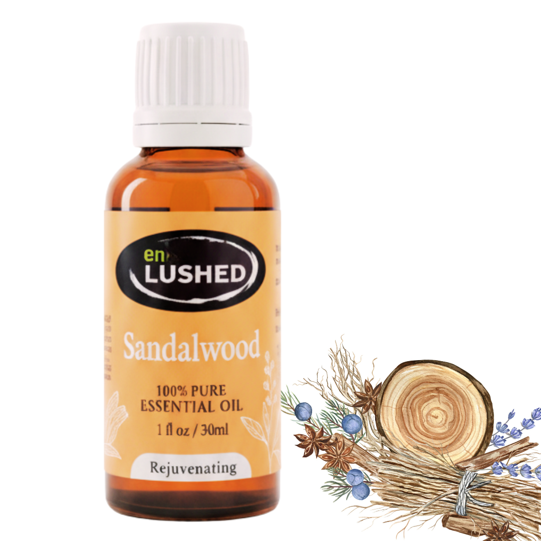 Sandalwood Herbal Home Fragrance oil bottle with sandalwood pieces