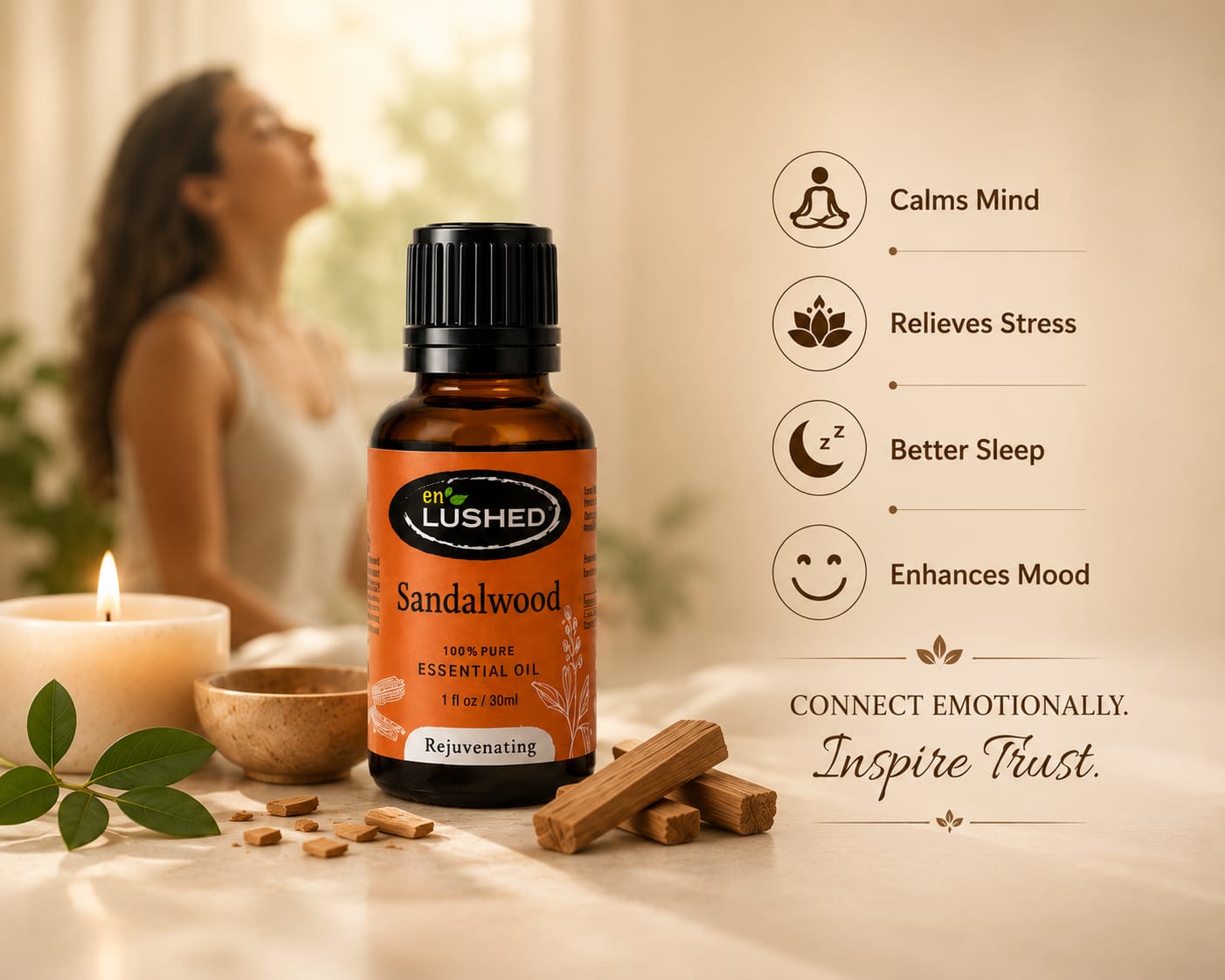 Sandalwood essential oil for meditation and relaxation with candles