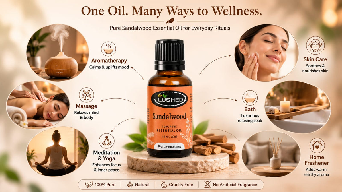 Sandalwood essential oil for meditation, skin glow and stress relief - wellness uses