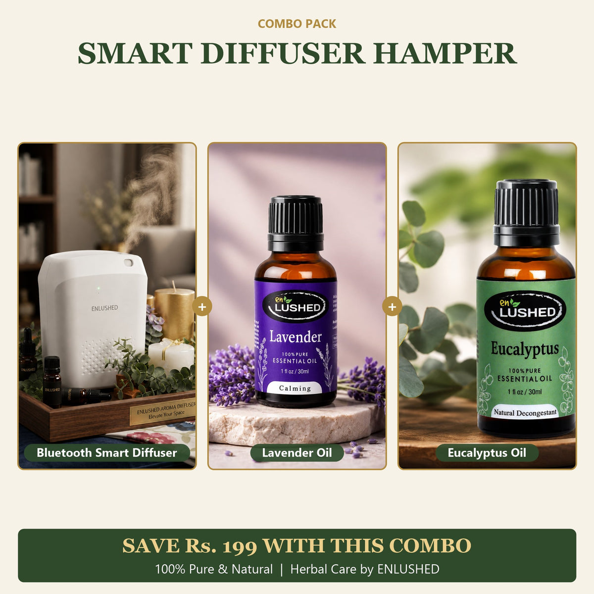 ENLUSHED Smart Diffuser Hamper with Bluetooth diffuser, lavender oil and eucalyptus oil