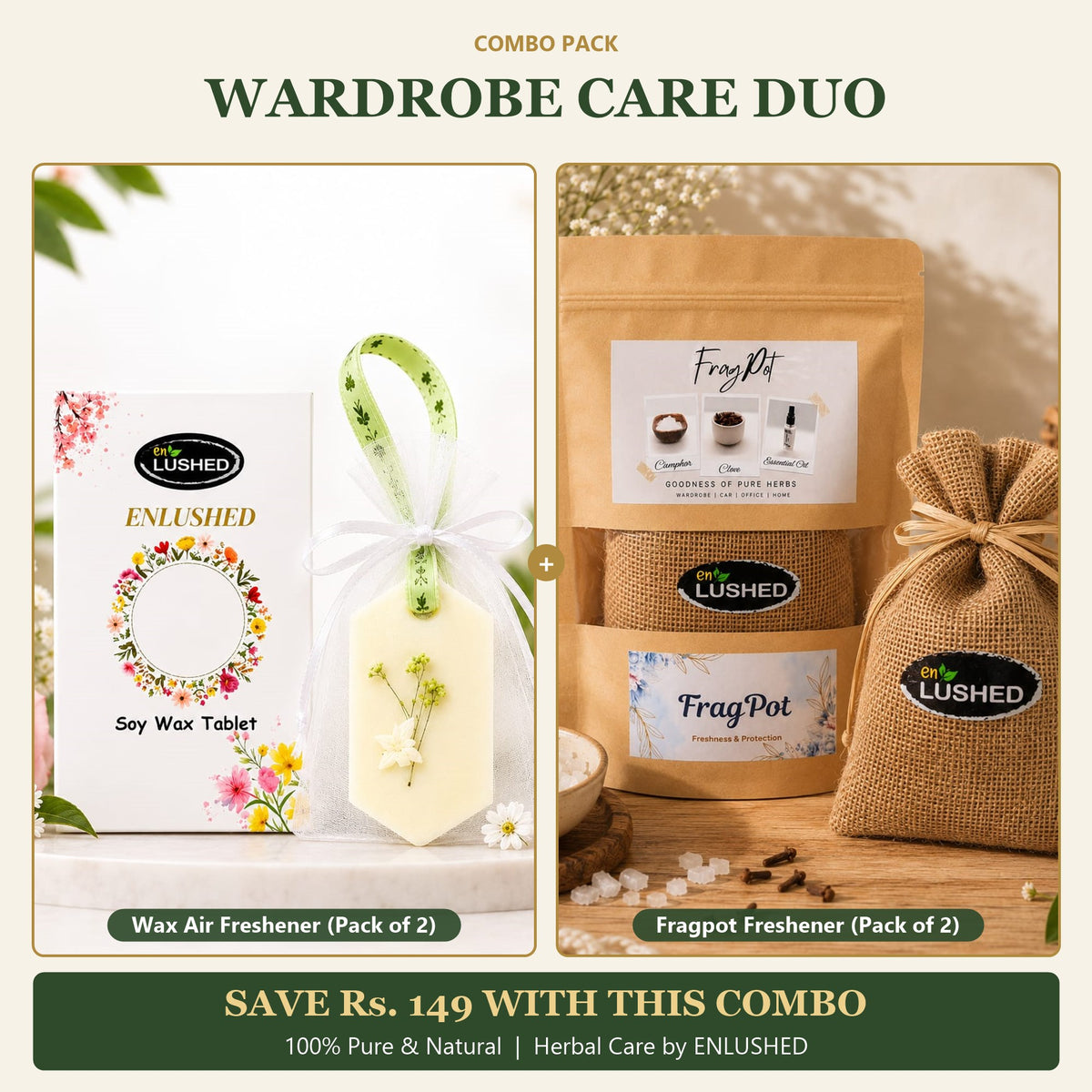 ENLUSHED Wardrobe Care Duo: soy wax air freshener pack of 2 and Fragpot freshener pack of 2