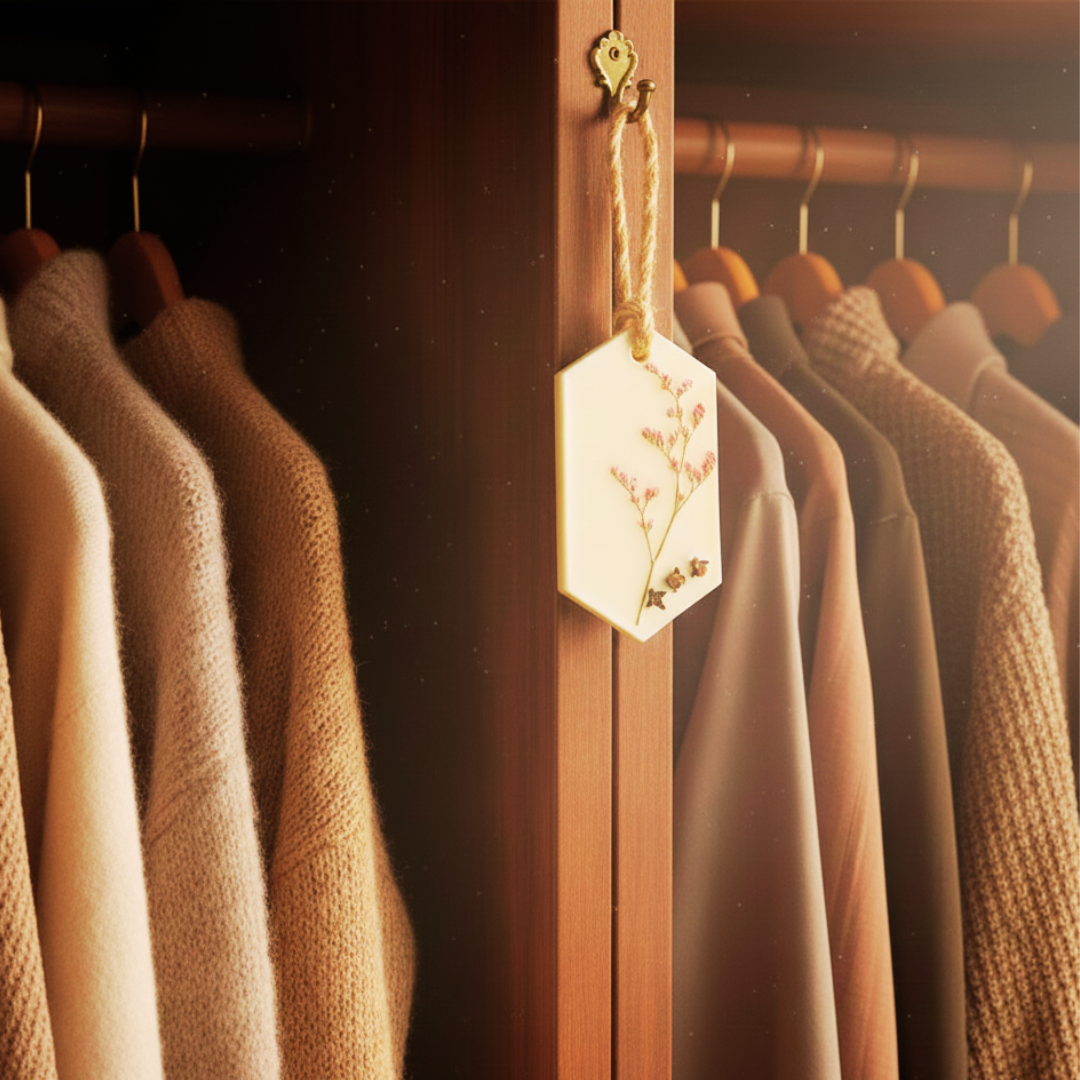 Wax air freshener hanging on wooden hanger in closet