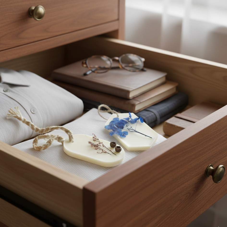 Wax air freshener placed inside wardrobe drawer with clothes
