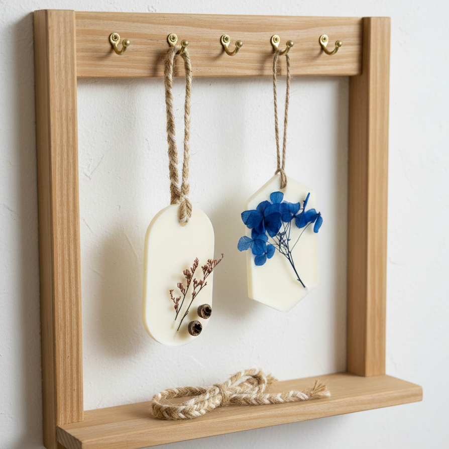 Wax air fresheners hanging on wooden display frame